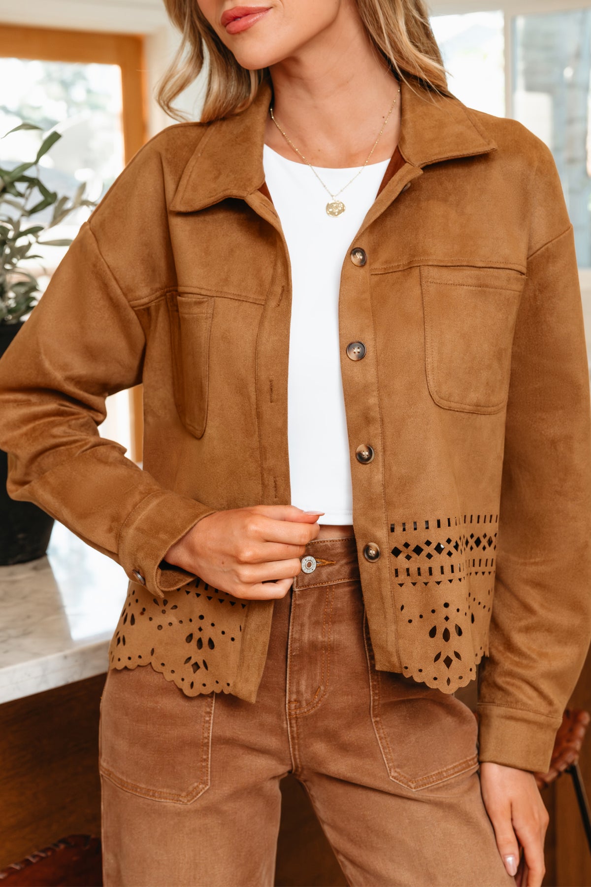 Thai Curry Solid Color Faux Suede Hollowed Detail Retro Style Jacket