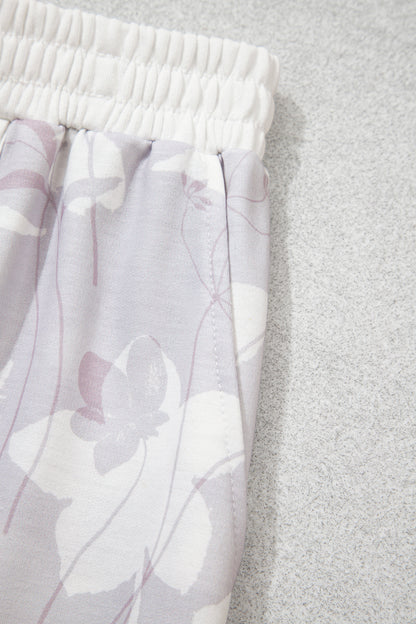 Gray Floral Print Wide Leg Ankle-Length Elastic Waistband Pants