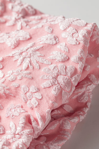 Apricot Pink Floral Textured Jacquard Puff Sleeve Blouse