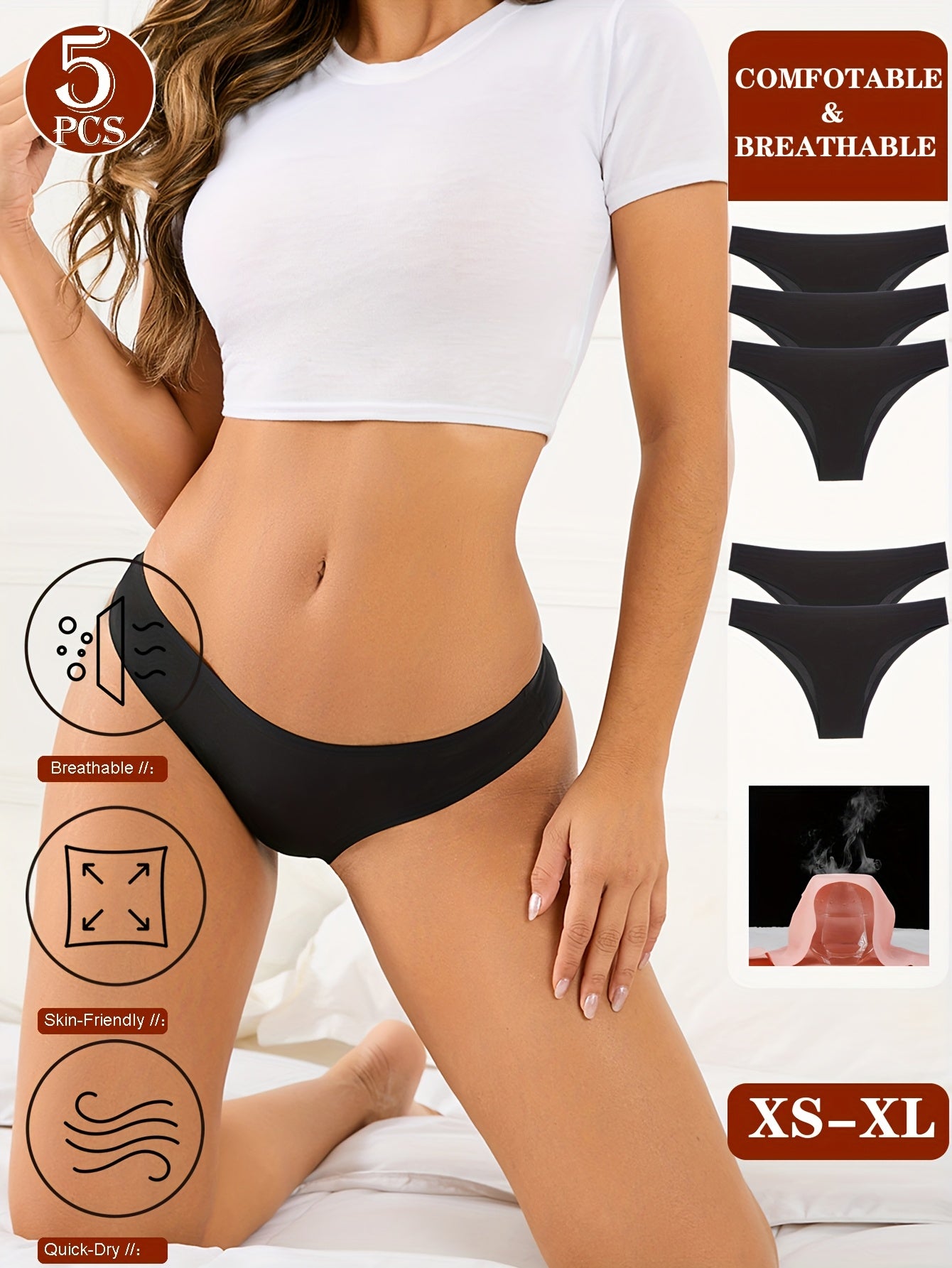 5er-Pack nahtlose Bikini-Unterwäsche für Damen – atmungsaktiv, schnelltrocknend, bequeme Passform, hüfttief geschnitten, einfarbig, 5 Modelle für Alltag und besondere Anlässe, Bikinihosen, Alltagsunterwäsche, minimalistisches Design, glatte Textur