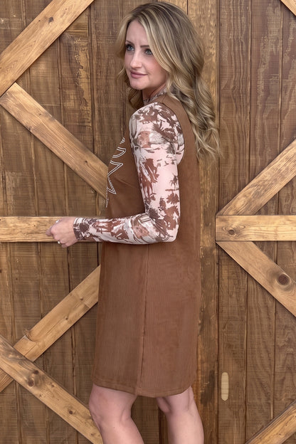 Coffee Geometric Embroidery Sleeveless Corduroy Shift Dress