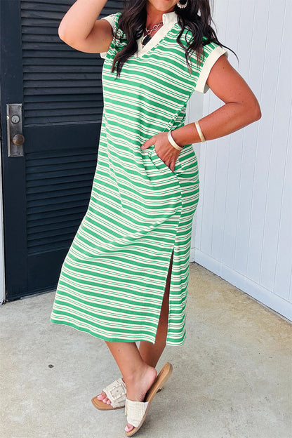 Green Stripe Collared V Neck Short Sleeve T Shirt Midi Dress with Pockets
