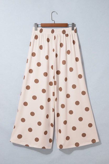 Brown Polka Dot Wide Leg Elastic Waist Casual Pants