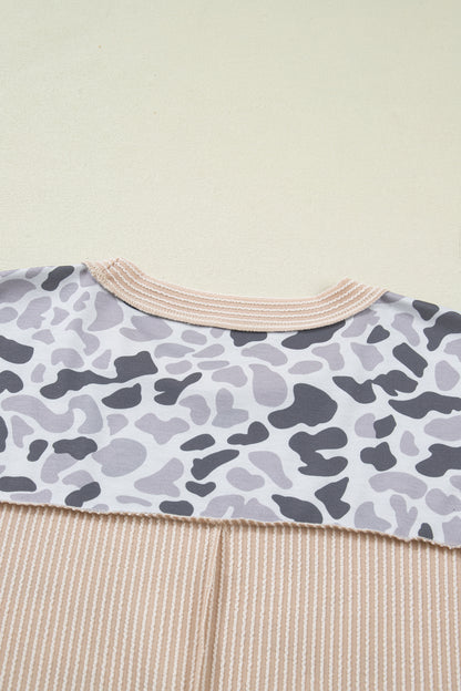 Gray Camouflage Print Twisted Ribbed Patchwork Casual T Shirt