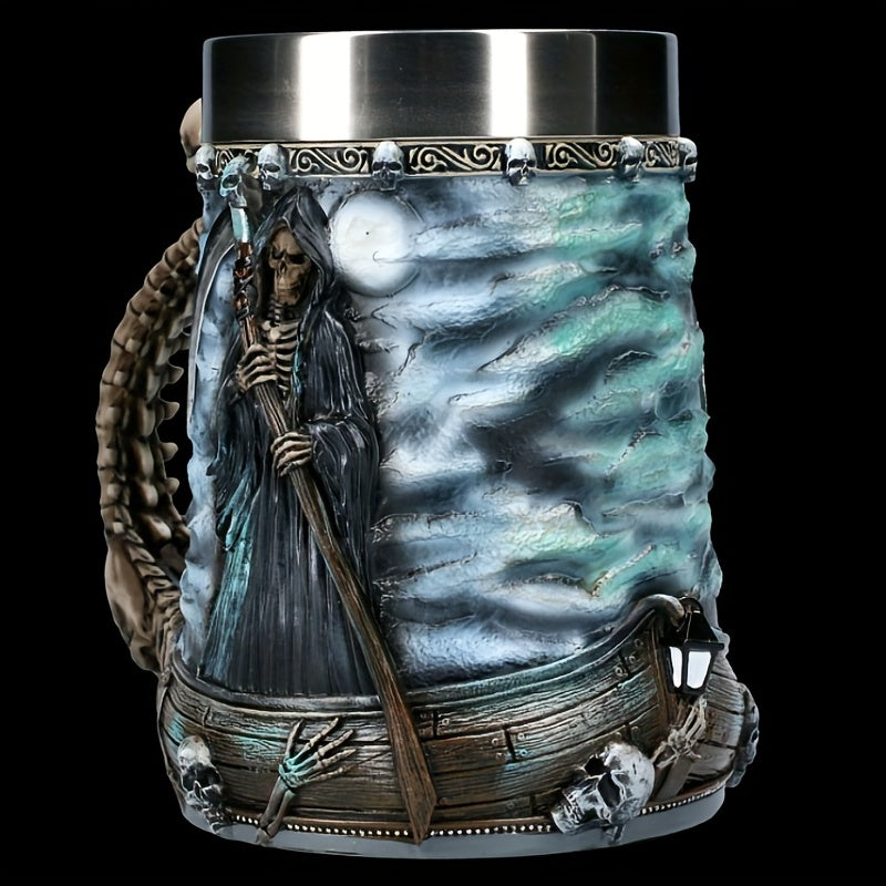1pc, Death Coffee Mug, 20oz 304 Stainless Steel Resin Coffee Cups, Horror Grim Reaper Water Cups, Summer Winter Drinkware, Home Kitchen Items, Birthday Gifts, Halloween Gifts