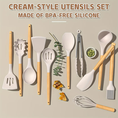 33pcs Silicone Kitchen Utensil Set with Stand - Non-Stick, Heat Resistant Cooking Tools & Gadgets with Wooden Handles