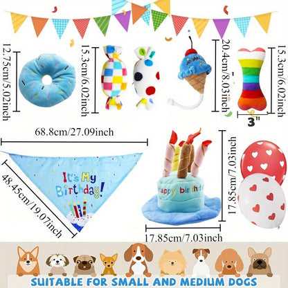 9 Pack Dog Chew Toys Interactive Pickup Toys Dog Birthday Toy Set, 9 Puppy Plush Pet Toys, Including Squeaky Cake Hat, Headscarf, Dessert Themed Toys, Balloons, Dog Birthday Party