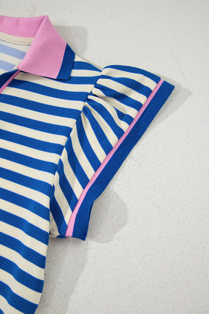 Dark Blue Stripe Print Contrast Collar Split Neck Flutter Sleeve Short Dress
