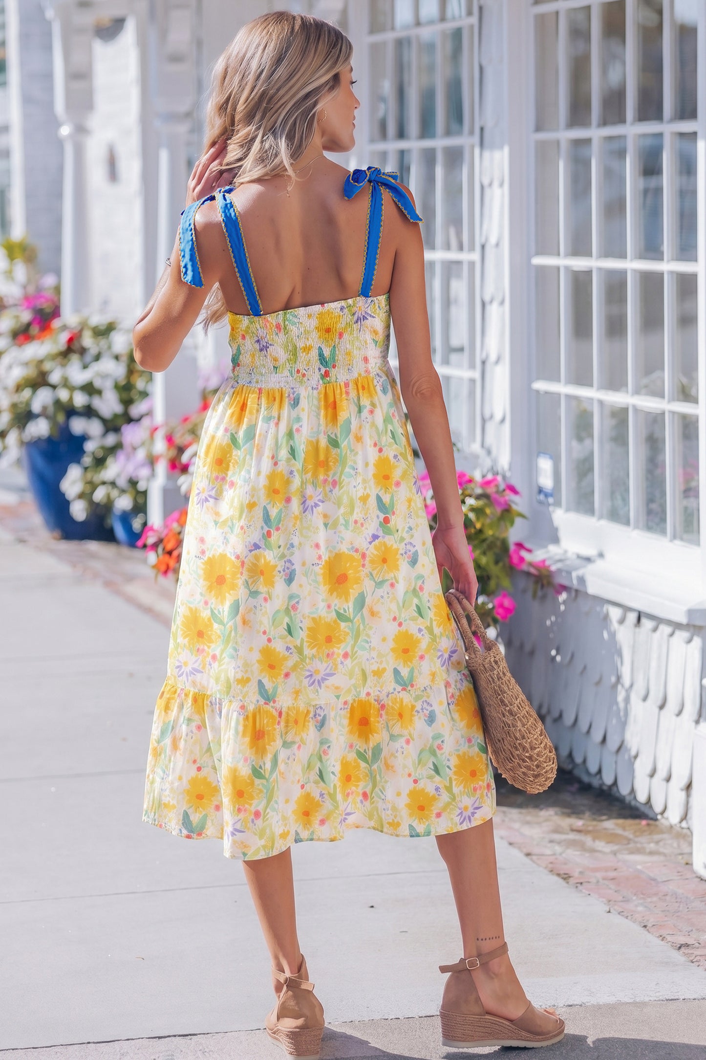 Yellow Floral Print Contrast Stitched Knot Denim Straps High Waist Dress