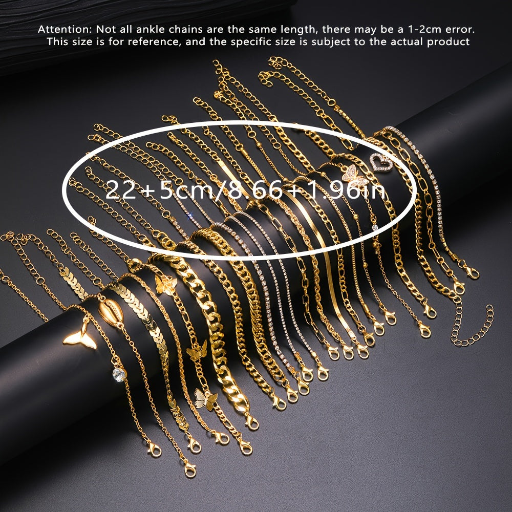 A Set Of 17 Pieces Of Stylish And Elegant Golden Butterfly Hollowed Out Love Heart Shell Anklets, Multiple Sets For Girls To Wear On Summer Vacations And Daily Outings, Perfect For Holiday Gifts.