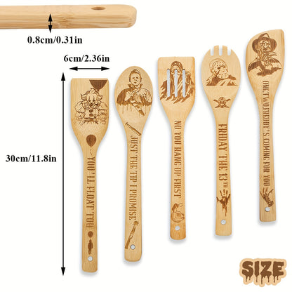 5Pcs Cooking Spoons, Funny Engraved Wooden Cooking Spoons, Horror Character Bamboo Wood Utensils, Cookware Kit, Horror Movie Theme Kitchen Decor, Gift For Movie Lover, Christmas Party Housewarming Birthday Gift