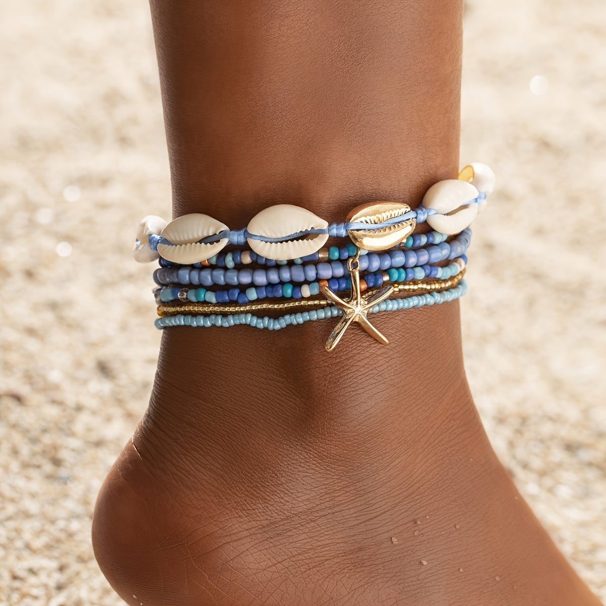 6pcs Set Unisex Glass Bead Anklets with Faux Shell & Starfish Pendants, Random Size & Quantity, Simple Vacation Style, Summer Beach Foot Jewelry for Daily & Holiday Wear