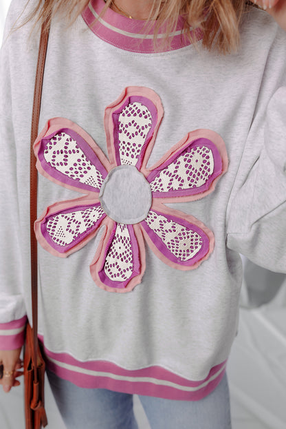 Gray Flower Patch Contrast Trim Crew Neck Sweatshirt