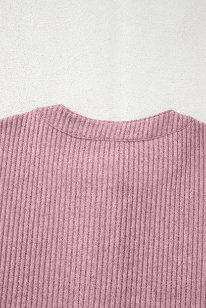 Pink Ribbed Texture Drop Shoulder Henley Knit Top