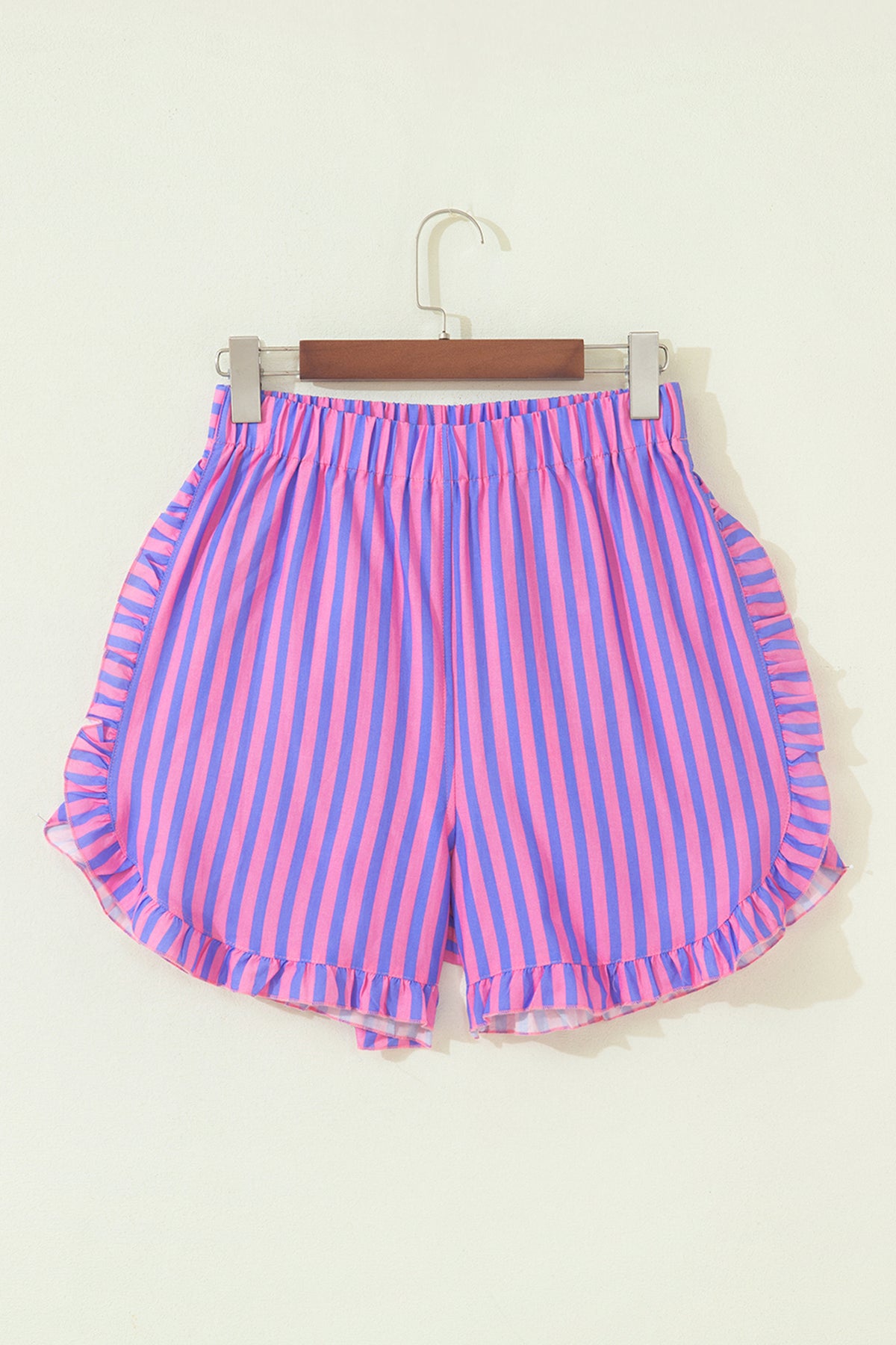 Sky Blue Stripe Elastic Waist Ruffle Trim Casual Shorts