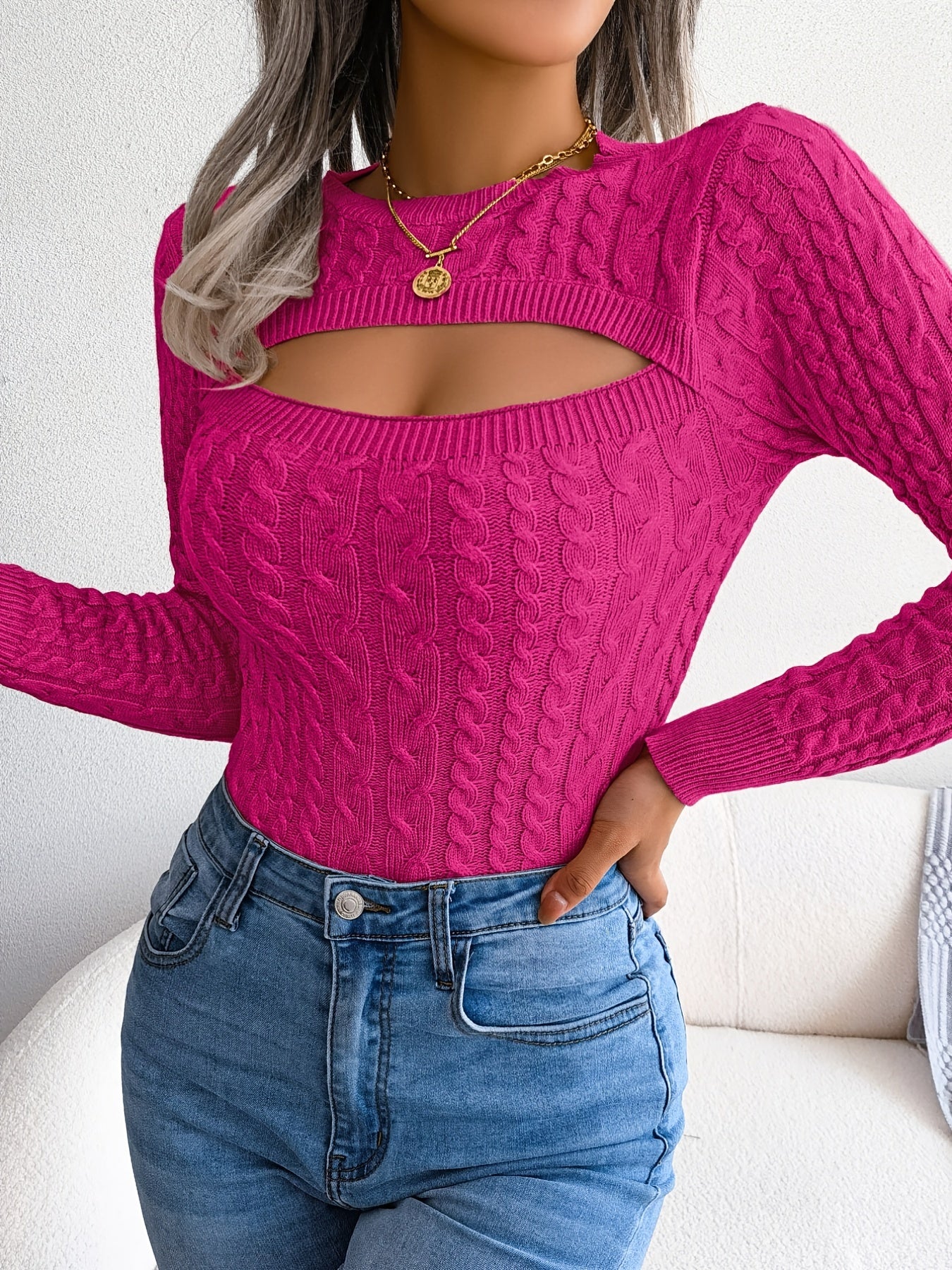 Damen-Langarmpullover mit Lochmuster | Hochelastisches Material, Rundhalsausschnitt, sexy, figurbetont, Herbst/Winter