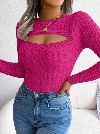 Damen-Langarmpullover mit Lochmuster | Hochelastisches Material, Rundhalsausschnitt, sexy, figurbetont, Herbst/Winter