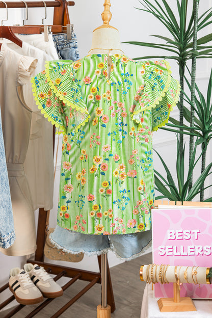 Green Stripe Floral Printed Scalloped Detail Ruffle Short Sleeve Blouse