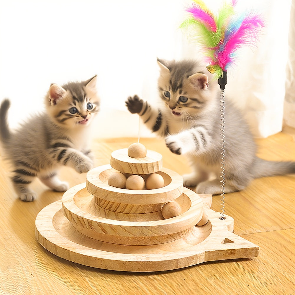 [Interactive Cat Ball Track] 3 Layer Tower Interactive Cat Ball Track | Natural Bamboo Wood with 9 Detachable Balls, Teasing Stick, DIY Circle Toys - Suitable for Kitten's Self-Hi, Boredom, Exercise, Educational Pet Toys