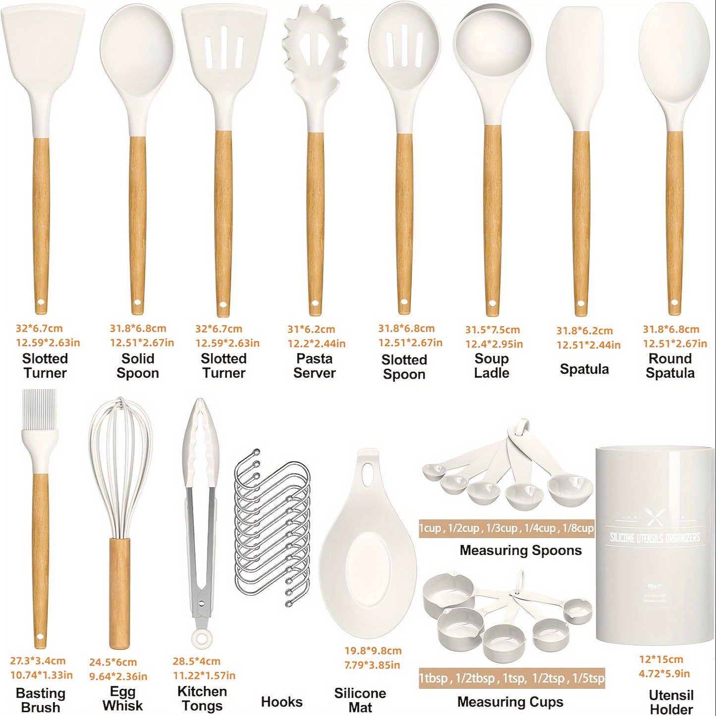 33pcs Silicone Kitchen Utensil Set with Stand - Non-Stick, Heat Resistant Cooking Tools & Gadgets with Wooden Handles