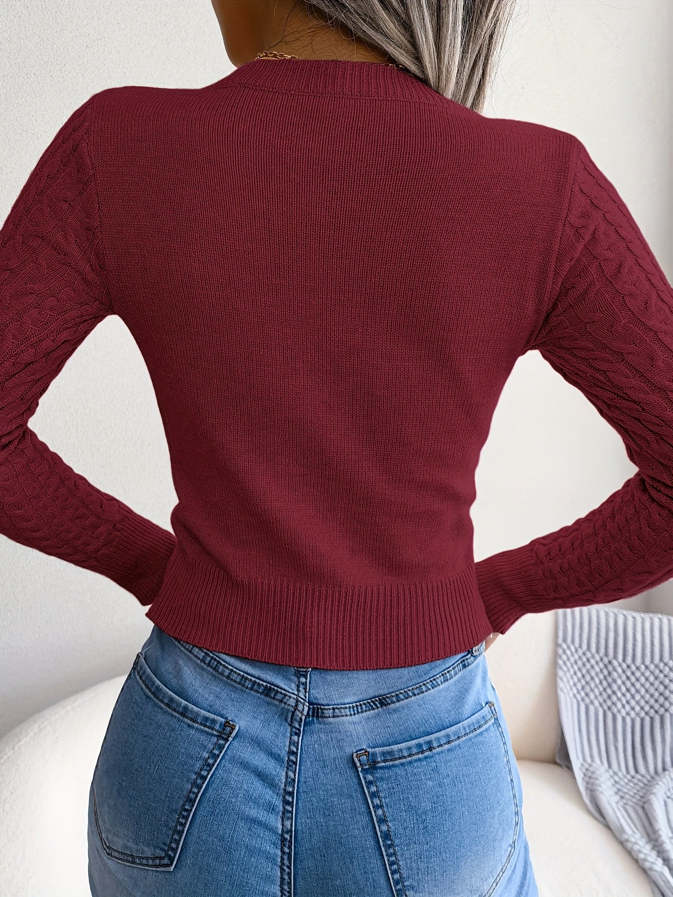 Damen-Langarmpullover mit Lochmuster | Hochelastisches Material, Rundhalsausschnitt, sexy, figurbetont, Herbst/Winter