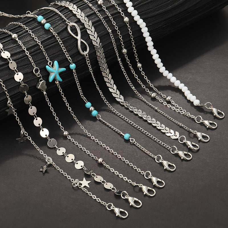 Set Of Multiple Bohemian Style Golden Starfish Pearl Anklets For Girls To Wear During Summer Vacation Outings