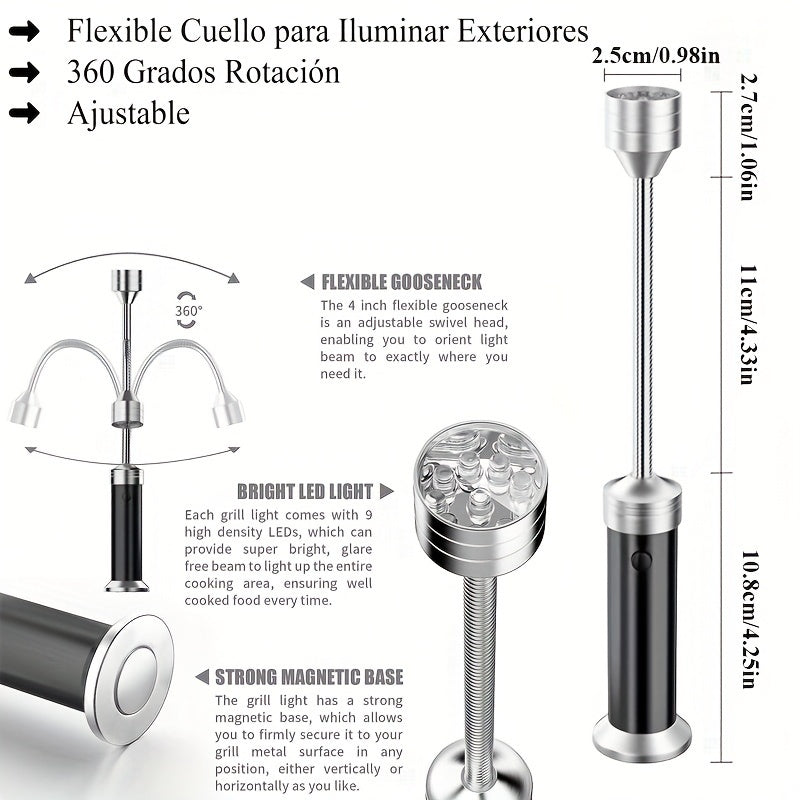 Set of 2 Magnetic LED Lights for BBQ Grilling, Featuring 360° Flexibility, Multi-Color Options, And Dual Light Heads - Perfect for Outdoor Cooking, Made of Aluminum Alloy, And Powered by Batteries (Included)