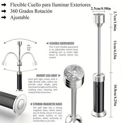 Set of 2 Magnetic LED Lights for BBQ Grilling, Featuring 360° Flexibility, Multi-Color Options, And Dual Light Heads - Perfect for Outdoor Cooking, Made of Aluminum Alloy, And Powered by Batteries (Included)