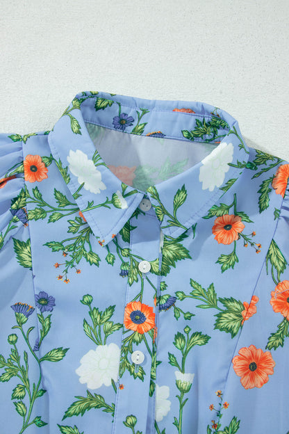 Sky Blue Floral Print Bracelet Sleeve Button Down Casual Shirt