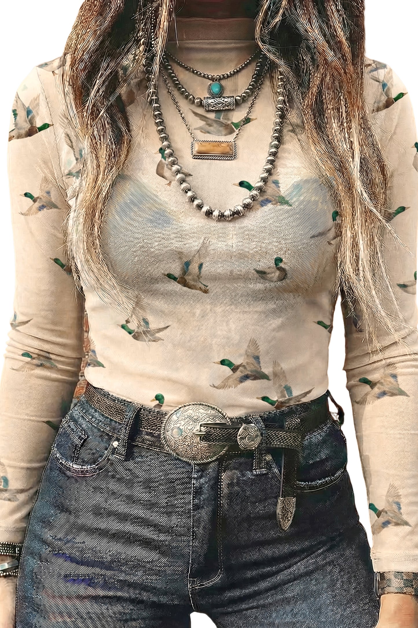 Beige High Neck Western Print Mesh Sheer Long Sleeve Top