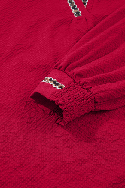 Racing Red Leopard Jacquard Print V Neck Textured Blouse