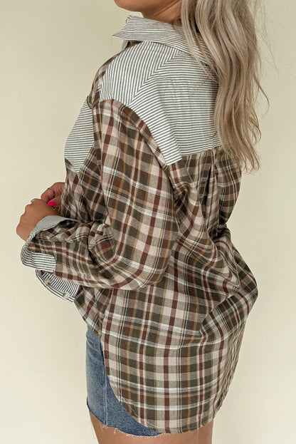 Brown Plaid Print Striped Patchwork Single Chest Pocket Buttoned Shirt