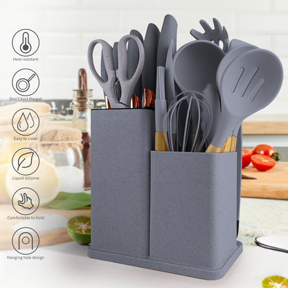 19-Piece Premium Heat-Resistant Silicone Kitchen Utensil Set With Wooden Handles, Chef Knifes, Non-Stick Friendly Cooking Tools, and Bamboo Storage Bucket