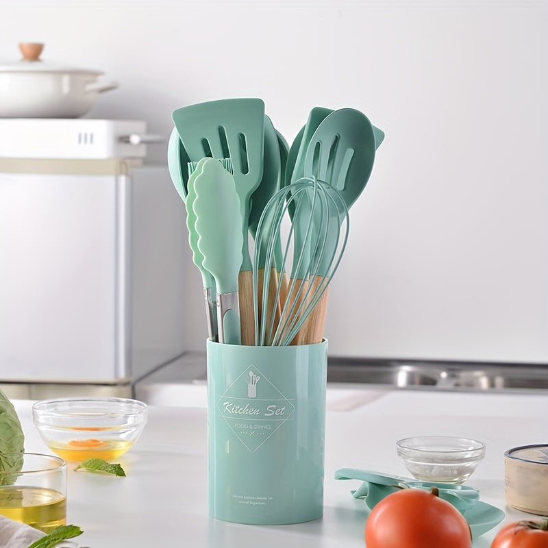 12/14pcs/set Premium Wooden Handle Silicone Kitchenware Set - Heat-Resistant, Non-Stick, Easy-to-Clean Cooking Tools for Baking, Cooking, and Serving - Durable, Versatile, and Space-Saving Kitchen Essentials
