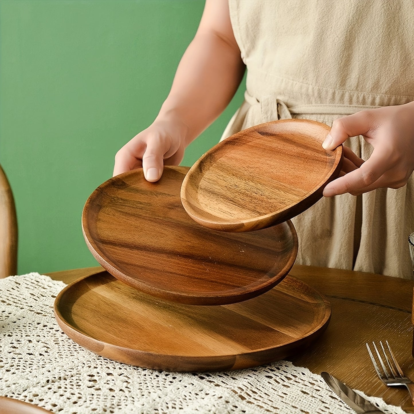 1pc Acacia Wood Plate, Round Wooden Serving Tray For Snacks, Fruits, Desserts, Rustic Dinnerware, Kitchen And Dining Accessories, Table Decors