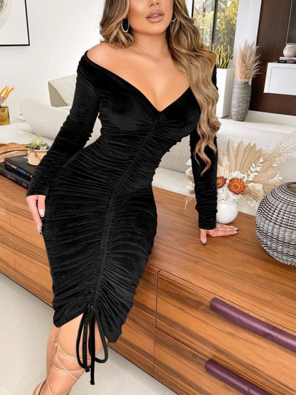 Damenkleider mit V-Ausschnitt, schulterfrei, aus Samt, gerafft, mittellang