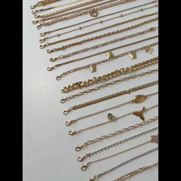 A Set Of 17 Pieces Of Stylish And Elegant Golden Butterfly Hollowed Out Love Heart Shell Anklets, Multiple Sets For Girls To Wear On Summer Vacations And Daily Outings, Perfect For Holiday Gifts.