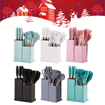 19-Piece Premium Heat-Resistant Silicone Kitchen Utensil Set With Wooden Handles, Chef Knifes, Non-Stick Friendly Cooking Tools, and Bamboo Storage Bucket