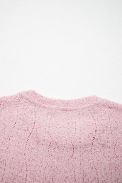 Light Pink Semi Sheer Lace Long Sleeve Cropped Top
