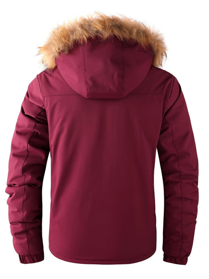 Herren-Winterwindjacke mit warmer Kapuze – Bordeauxroter Outdoor-Mantel mit Reißverschluss, Stehkragen, mehreren Taschen, lässig-sportliches Design für kaltes Wetter, Winterjacke