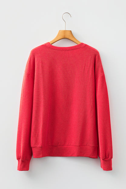 Racing Red Twisted Rib Outlined Merry Letter Graphic Loose Long Sleeve Top
