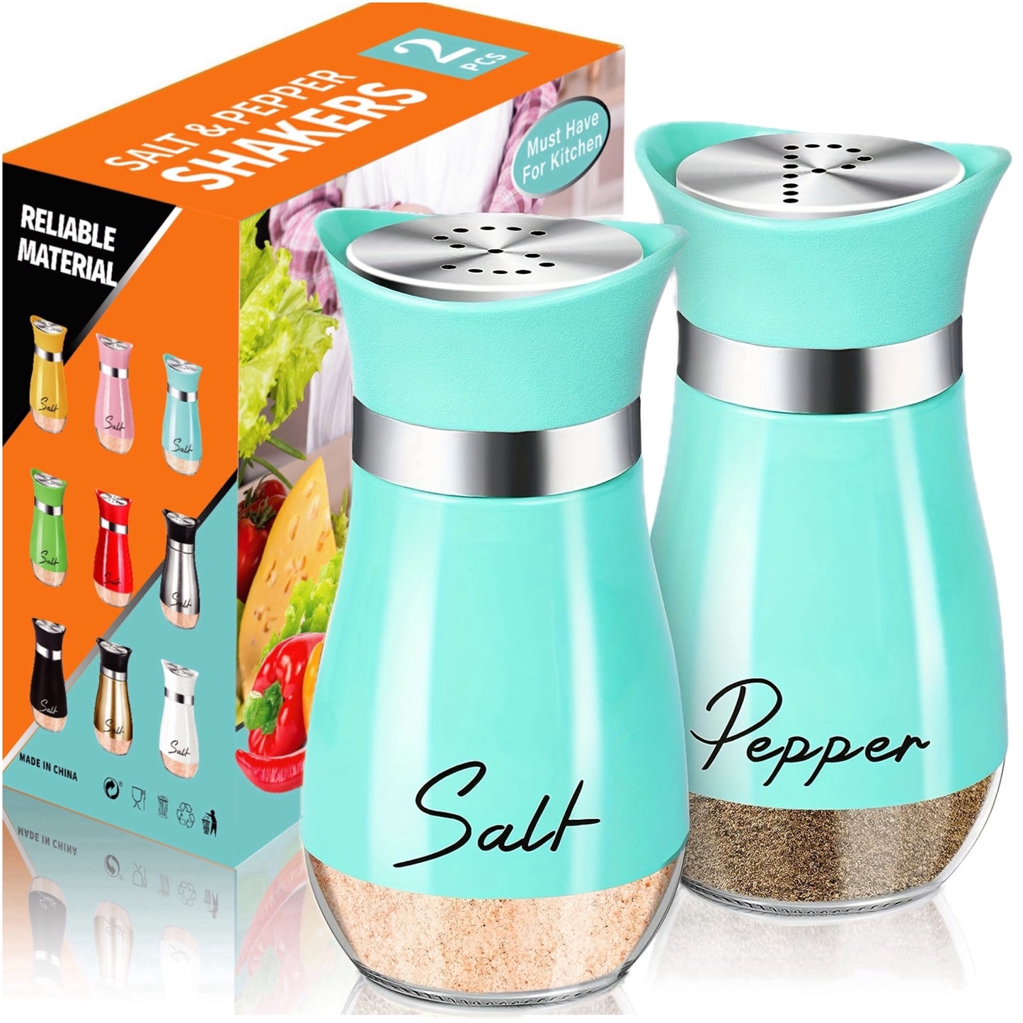 Salt and Pepper Shaker Set, 4oz Glass Bottom Salt and Pepper Shaker, Suitable for Kitchen, Dining Table, RV, Camping, BBQ, Refillable Design (Pink)