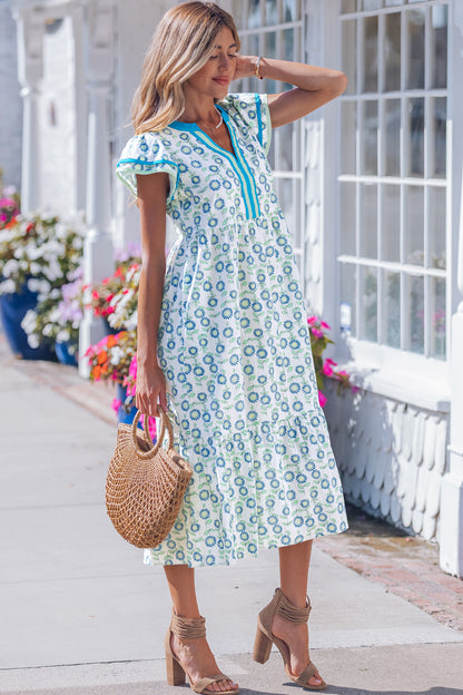 Red Cute Sunflower Printed Striped Patchwork Trim Flutter Sleeve Long Dress