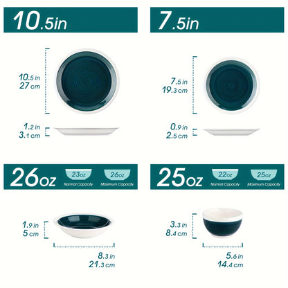 16-Piece Green Ceramic Dinnerware Set - Durable Porcelain, Stylish Glaze, Perfect for 4 - Includes Plates, Bowls & Mugs, Ideal for Everyday Use & Entertaining