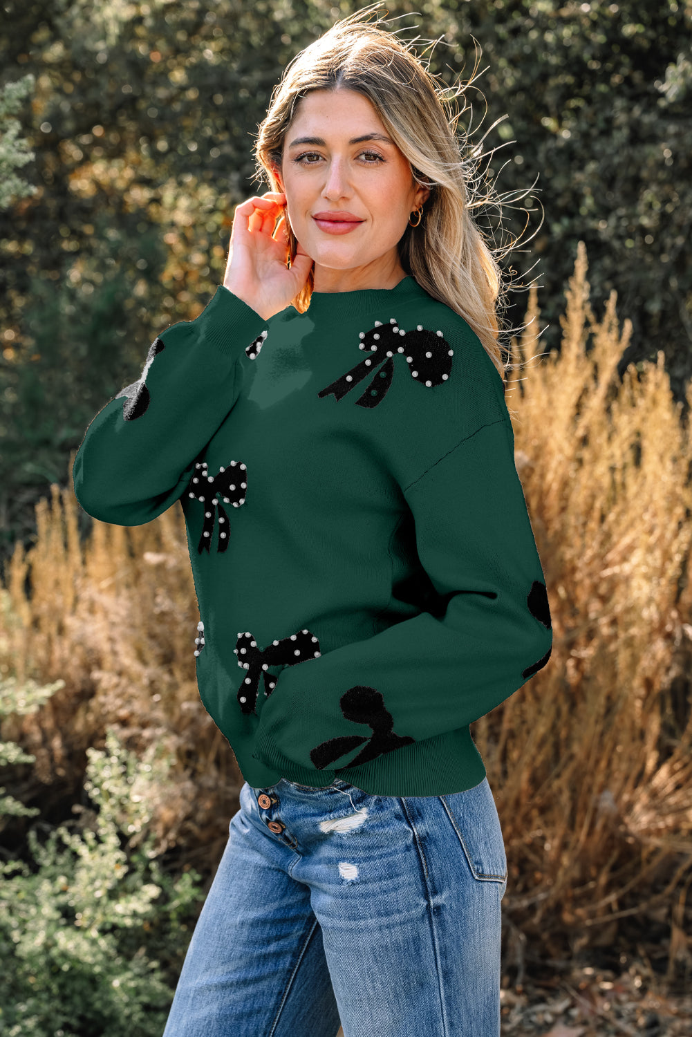 Bright Pink Pearl Embellished Bow Pattern Loose Sweater