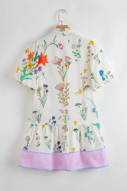 White Floral Print Contrast Striped Patchwork Short Puff Sleeve Dress