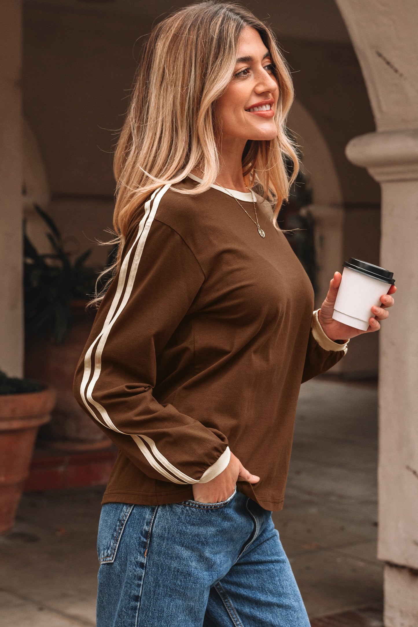 Dark Brown Varsity Striped Accent Contrast Crew Neck Long Sleeve T Shirt