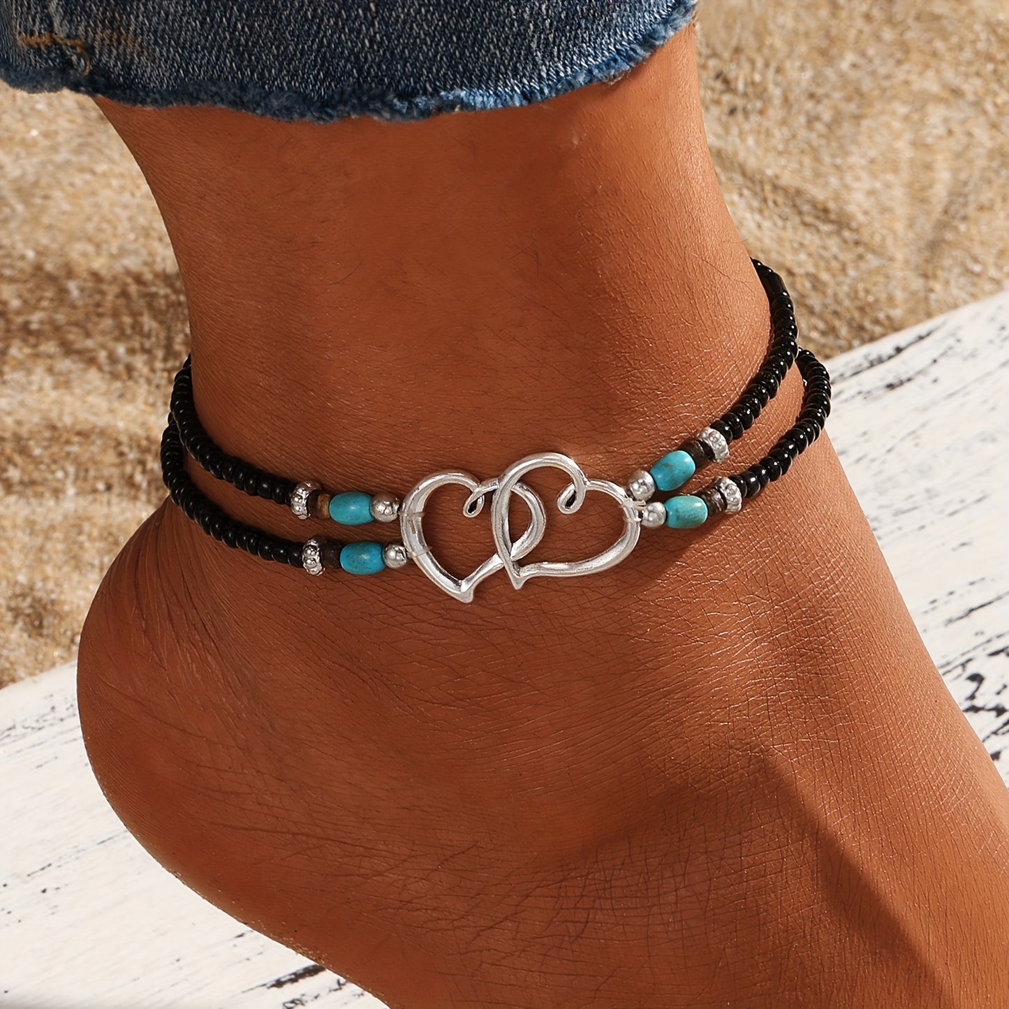 3 Pcs Shimmering Heartfelt Multicolor Beaded Anklet Set - Fashion Delicate Hollow Double Heart Design With Mini Seed Beads, Adjustable Elastic Boho Chic Anklets, Women Anklets, Surf Anklet, A Charm For Everyday Wear And Vacat