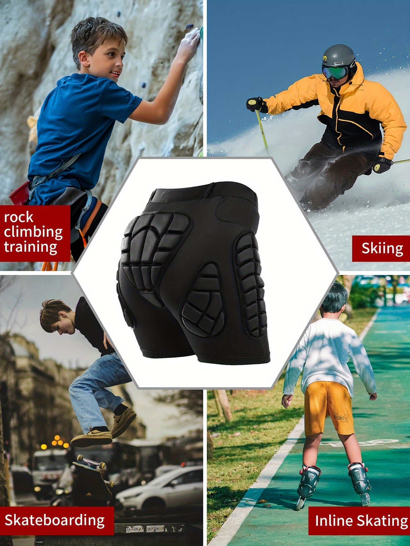 Atmungsaktive VEPAUS 3D-gepolsterte Shorts für Eishockey, Snowboarden, Gymnastik und Rollschuhlaufen – feuchtigkeitsableitend, flexibel, hochelastisches Polyester-Strickgewebe, normale Passform, Sportbekleidung für alle vier Jahreszeiten