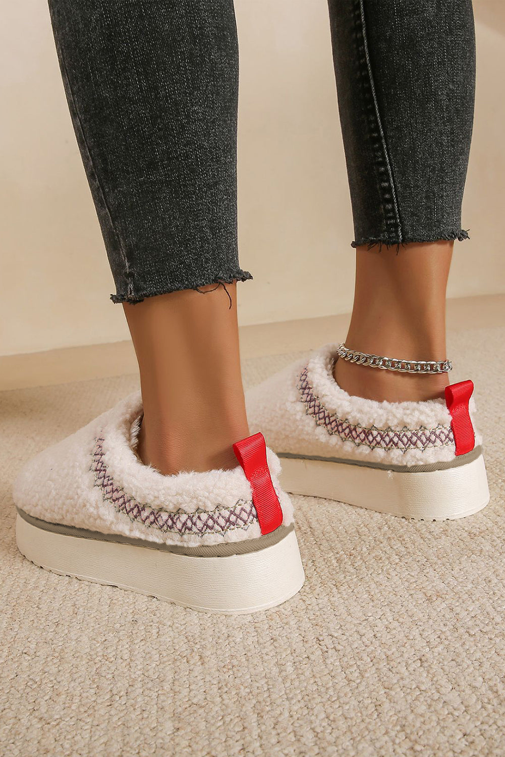 White Embroidered Sherpa Plush Thick Sole Winter Slippers
